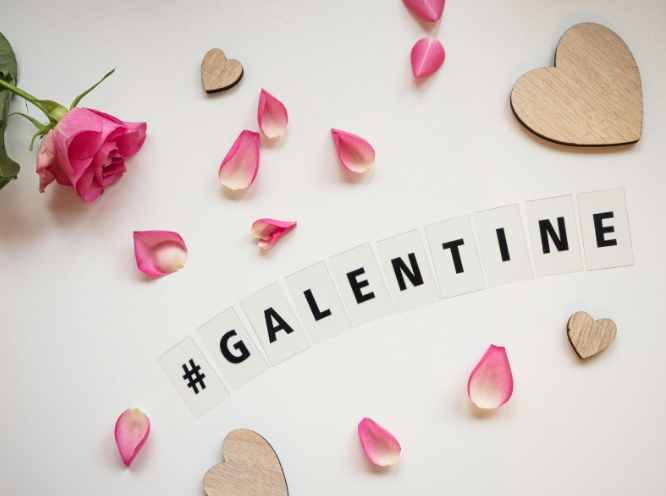 Galentines Day wording with roses and hearts at KAST Aesthetics